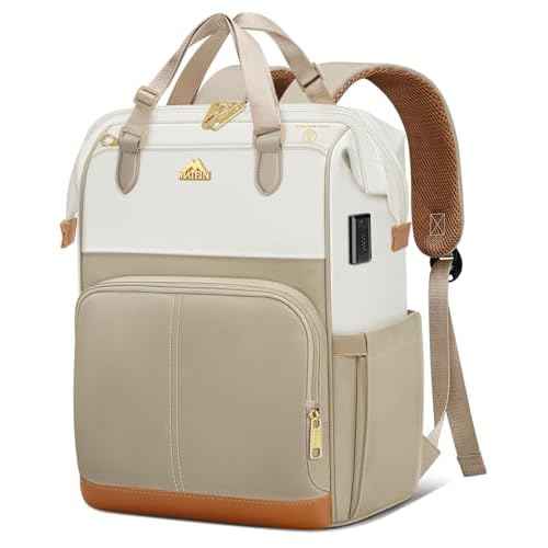 MATEIN Anti Theft Backpack for Women, 15.6 Inch Commute Work Backpack with Theftproof Zippers & RFID Pocket, Water Resistant Fashion Teacher Bag with USB Charging Port for Travel, Beige Khaki