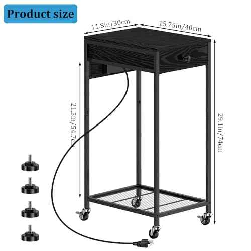 2 Tier Computer Tower Stand with Drawer, CPU Holder Stand with Charge Station and USB Charging Port, Printer Cart with Wheels for Home Office Fax, Black