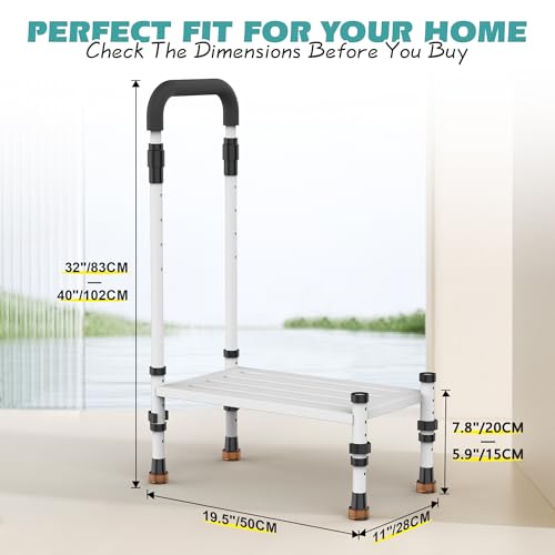 Step Stool with Handle for Adults ? Heavy Duty 800 lbs Bed Steps for High Beds, Adjustable Height Step Stool with Handrail for Elderly & Seniors, Kitchen & Car (White)