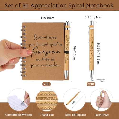 Honoson 30 Sets Spiral Notebooks Sets Employee Thank You Gifts Inspirational Journals with Retractable Bamboo Pens Bulk Encouragement Notepad for School Teacher, Awesome Sign