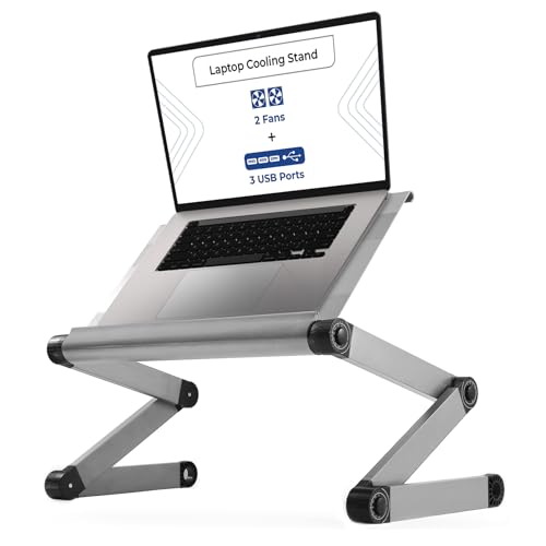 WorkEZ Executive Laptop Cooling Stand, Adjustable Desk for Bed, Foldable with 2 Fans & 3 USB Ports, Computer Lap Desk, PC Holder for Bed, Ergonomic Table Stand, Home Office Supplies, Silver