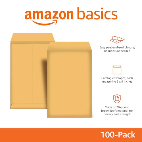 100-Pack 6x9 Inch Brown Kraft Catalog Envelopes with Peel & Seal Closure