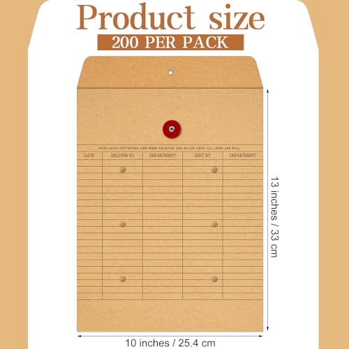Motiskyy 200 Pack Interoffice Kraft Envelopes with String Tie & Button Closure, 10x13 Inches