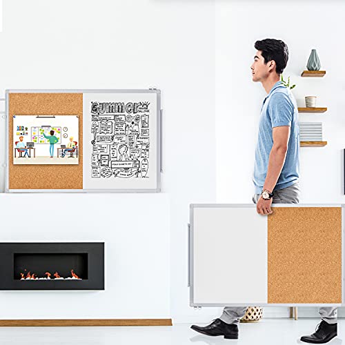 White / 36x24 Inch Magnetic Whiteboard and Cork Board Combo with Aluminum Frame