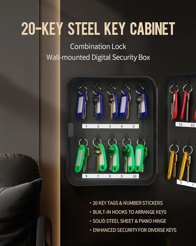 Uniclife Black 20-Key Steel Key Cabinet with Combination Lock & Labels