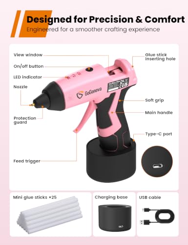 GoGonova Cordless Hot Glue Gun Kit with 2Ah Battery - Pink, Includes 25 Glue Sticks