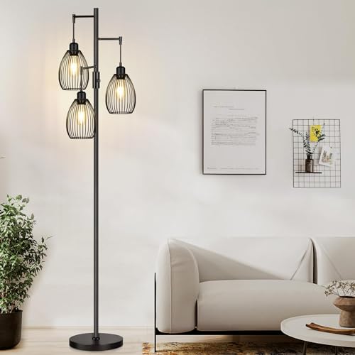 Nintiue Matte Black Dimmable Farmhouse Floor Lamp with 3 LED Bulbs, Tall Standing Tree Lamp for Living Room & Bedroom
