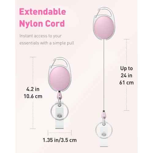 Uniclife 2 Pack Retractable Badge Reel for Badge Holder Pink Heavy Duty Retractable Keychain Strong ABS Casing with Stainless Steel Spring Coil 24 Inch Nylon Rope Carabiner Clip and Key Ring