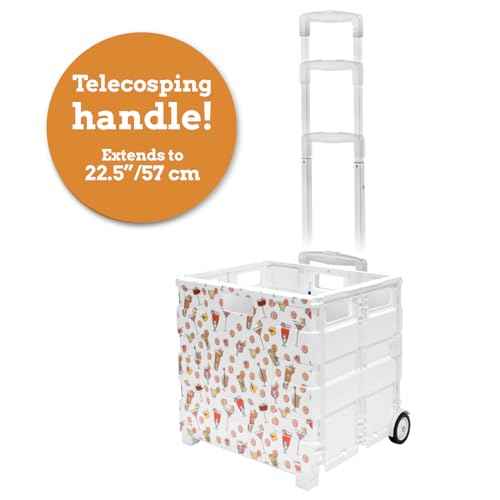 Inspired Living Ultra-Slim Rolling Collapsible Storage Pack-N-Roll Utility-carts, with Telescopic Handle, for Home, Garden, Shopping, Office, School use, Large, White, Cocktail Print