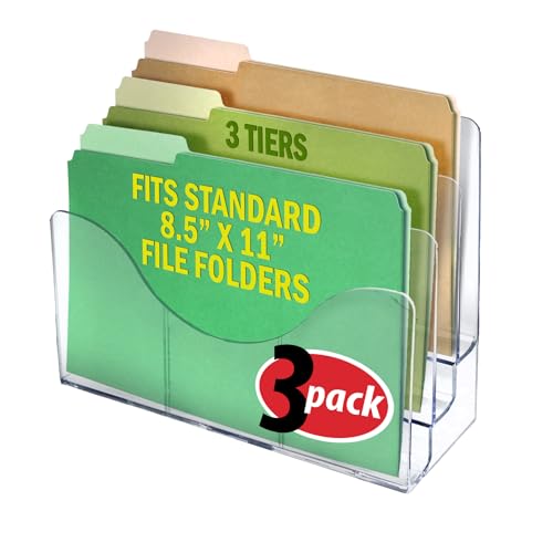 Azar Displays 250099-3PK Three Tier File and Brochure Desktop Wall Organizer Holder with Dividers brochure display stand acrylic file holder, Clear , 3-Pack