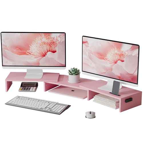 BONTEC Dual Monitor Stand Riser with Smartphone Holder, Adjustable Length & Swivel Angle, Ergonomic Wooden Desktop Organizer for PC Monitor, Laptop, Printer, Large Storage, White