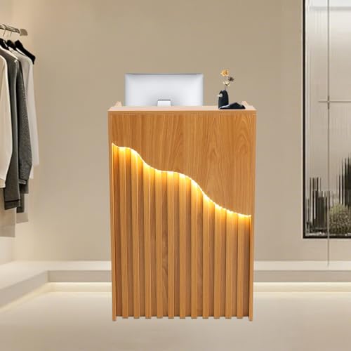 Oak Finish DYRABREST Modern Reception Desk with Locking Drawer & LED Light, 37.8in