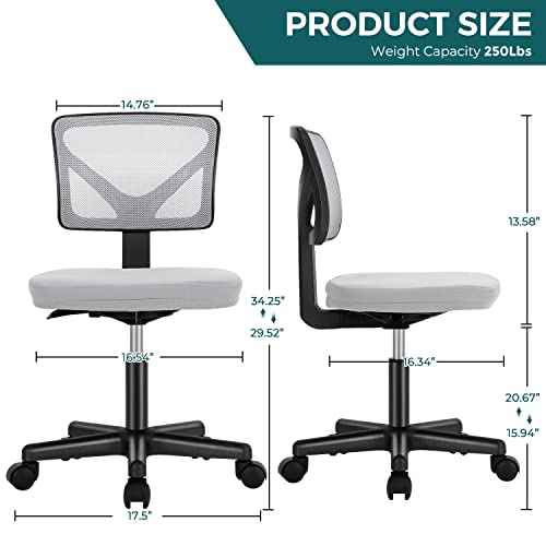 DUMOS Armless Desk Chairs, Cute Home Office Chair No Arms with Wheels, Ergonomic Adjustable Swivel Rolling Task Chair, Comfy Mesh Mid Back Computer Work Vanity Chair for Small Spaces, Light Grey