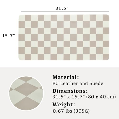 Ohocut Khaki Checkered Desk Mat 31.5 x 15.7 Inches Large PU Leather Office Desk Protector