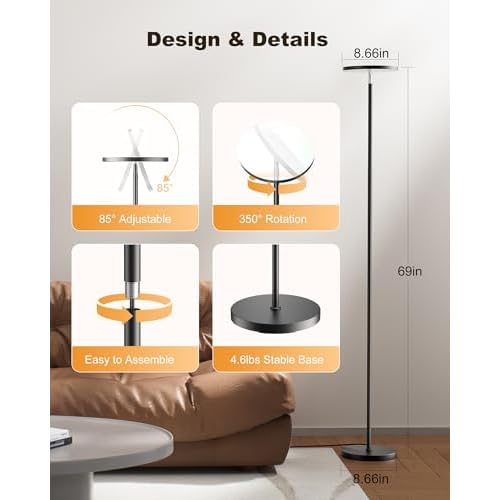 FULSUNT LED Floor Lamps for Living Room, 30W/3200LM Bright Modern Standing Lamp with Remote & Touch Control, Stepless Dimmable 69" Tall Lamp Torchiere Lamp Reading Floor Light for Bedroom Office