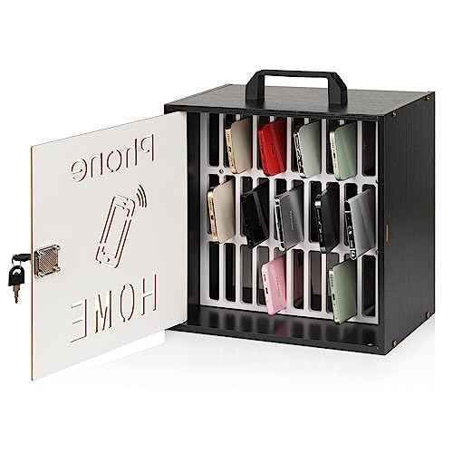 Cell Phone Holder Classroom 33 Slots Wooden Cell Phone Storage Cabinet Pocket Chart with Handle and Security Lock for Classroom Office (33 Grid Cabinet Black)