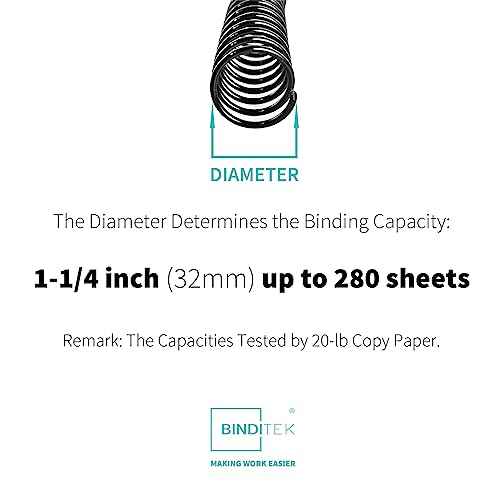 Binditek 50 Pack Plastic Spiral Binding Coils, 32mm (1-1/4"), 280 Sheet Capacity, 4:1 Pitch, Black, 48 Loops, for Letter Size, for Students and Coworkers