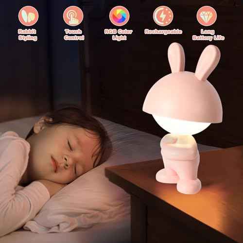 Rechargeable Rabbit Shape LED Dimmable Touch Desk Lamp Reading Night Light Cute Bunny Bedside Lamp (Pink)