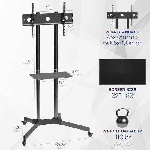VIVO Mobile TV Cart 32-83 Inch Screen Stand with Adjustable Height & Shelf – Supports 110 lbs