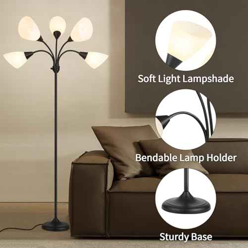 HonoDing Medusa Floor Lamps Standing Lamps 5 Heads Adjustable Reading Light Large Shade Use E26 A19 Bulb Floor Lamps for Living Room Bedroom (Black)