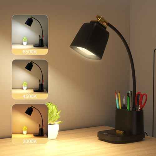 Desk Lamp for Home Office, with USB Charging Port & Pen Holder, Touch Control Dimmable, Perfect for Study, Reading, Work - Black