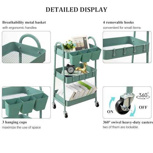danpinera 3-Tier Rolling Cart, Utility Cart Mobile Metal Rolling Storage Cart with Lockable Wheels & Hanging Cups & Hooks for Kitchen, Bathroom, Office, Workshop, Green