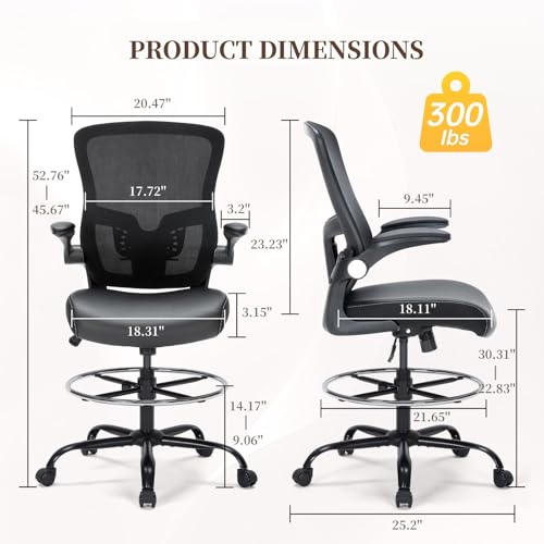 Bondesin Drafting Chair with Lumbar Support, Tall Office Chair, PU Leather Seat, Footrest Ring & Flip-up Armrests