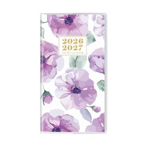 Pocket Calendar 2026-2027, Monthly Purse Planner - 6.7" x 3.7" - Runs from January 2026 Until December 2027, Floral Pocket Calendar with PVC Cover for Planning, Organizing and Office