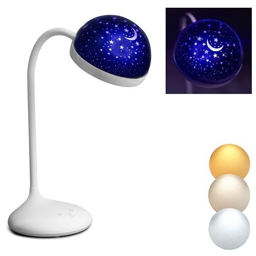 Cute Desk Lamp for Kids, Dimmable, Bright LED Study Light for Desk, Bedside Lamp with Star Projector Night Light for Kids Room Decor, Back to School Supplies, Funny Gift for Boys, Girls, White