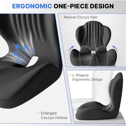 CHANCEE Black Ergonomic L-Shaped Seat Cushion with Lumbar Support for Office Chairs