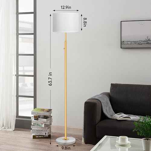 63.7" Modern Floor Lamp with White Marble Base & Linen Shade, Dimmable Tall Standing Lamp for Living Room & Bedroom, Gold Pole Light with 9W LED Bulb for Office Reading
