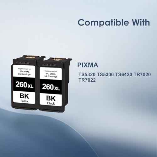 PG-260XL Black Ink Cartridge Replacement for Canon 260 260XL Ink cartridges Work for Pixma TR7020 TS6420 TR7022 TS5300 TS5320 Printer (2 Black)