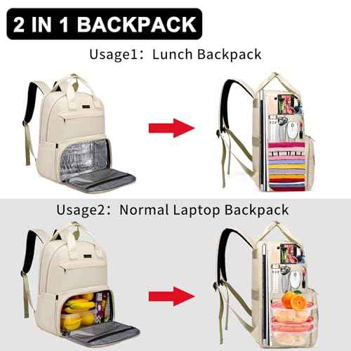 Lunch Backpack for Women, Water Resistant Insulated Cooler Lunch Bag, 15.6 inch Laptop Backpacks with USB Port, Picnic Backpack with Lunch Box, for College Work Camping Beaches, Beige