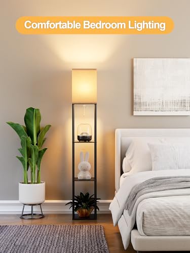 PARTPHONER Black Floor Lamp with Shelves, 3-CCT LED Bulb, White Linen Shade