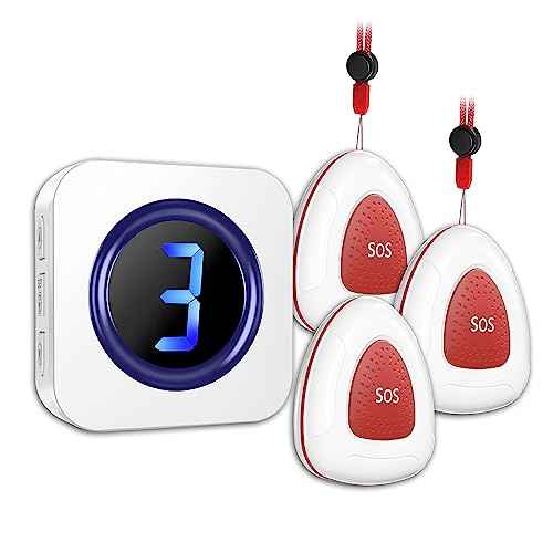 Wireless Caregiver Pager Call Button Nurse Call System 900Ft with LED Number Display for Elderly/Patient/Disabled at Home/Hospital/Clinic doorbell(3 SOS Waterproof Call Button & 1 Receiver)¡¦