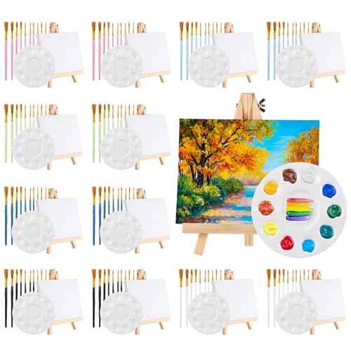 12 Sets Painting Set, Painting Supplies Kit, Wood Easels Canvases Paintbrushes Palettes Set, Professional Painting Set with 10 Style Paintbrushes, Art Supplies for Little Ones, Students