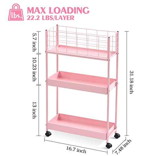 KINGRACK 3-Tier Rolling Utility Cart with Wheels, Metal Slim Storage Cart, Bathroom Multifunctional Storage Organizer, Mobile Shelving Unit for Kitchen, Office, Laundry Room, Narrow Place, Pink