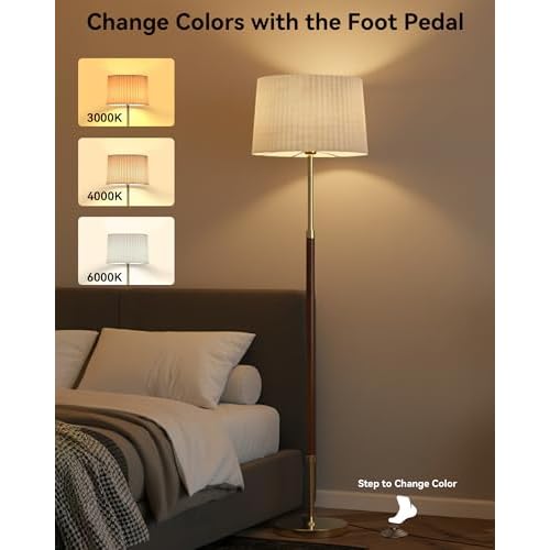 JOOFO Mid-Century Modern Wood Floor Lamp with Dual Fabric Shade, Remote Control, Dimmable & Adjustable Color Temperature, Reading & Living Room Lamp, Easy Clean Cover, Foot Switch