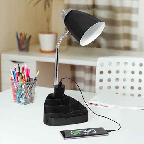 Simple Designs LD1057-BLK-LB 18.5" Gooseneck Organizer Desk Lamp with iPad Tablet Stand Book Holder and Charging Outlet, with LED Bulb, Black