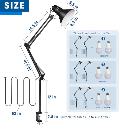 Hypool 2 Pack Desk Lamp w/A19 E26 LED Bulb for Home Office Eye-Caring Metal Extra Tall Swing Arm High Intensity Clamp Flexible Gooseneck Side Table Working Reading Computer Workbench 3000K Warm Light