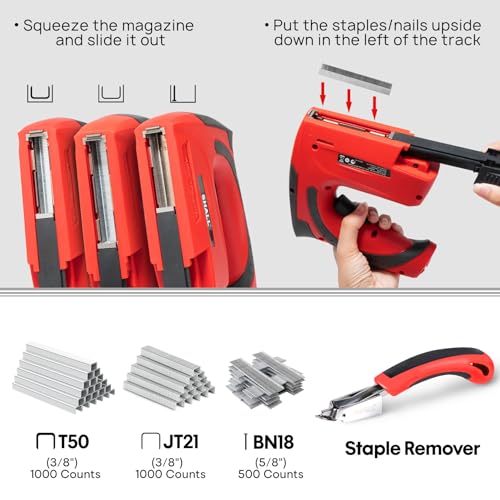 SHALL Electric Staple Gun, 3 in 1 Cordless Upholstery Stapler Nail Gun for Wood, 4V Rechargeable Brad Nailer Kit w/ 2500 Staples Nails, Staple Remover & Fast Charger for Crafts, DIY, Decoration