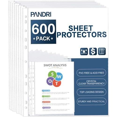 Sheet Protectors, PANDRI 600 Pack Clear Heavy Duty Plastic Page Protectors Sheet Reinforced 11-Hole Fit for 3 Ring Binder Fits Standard 8.5 x 11 Paper, 9.25 x 11.25 Top Loaded, Excluding Acid