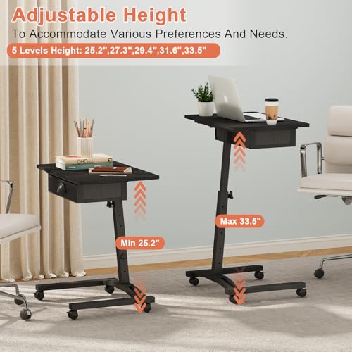 Cidaziya Black Adjustable Height Rolling Laptop Desk With Drawer for Small Spaces