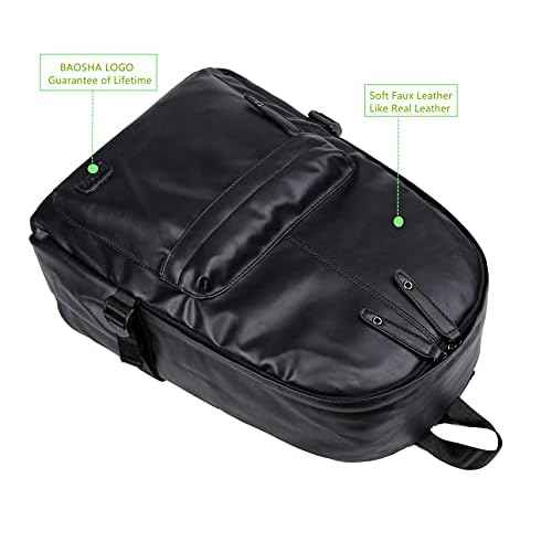 Baosha BP-08 Unisex PU Leather Computer Laptop Bag 15.6 inch Backpack Shoulder Bags Travel Hiking Rucksack Casual Daypack Black