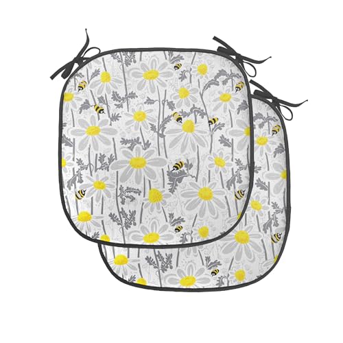 Ambesonne Yellow Chair Seating Cushion Set of 4, Pattern with Bees and Chamomile Daisy Flowers in Flourishing Meadow Nature, Anti-Slip Seat Padding for Kitchen & Patio, 16"x16", Grey Yellow White