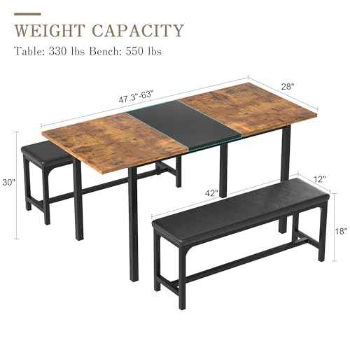 VECELO 3-Piece 63" Extendable Kitchen Table with Benches/Chairs, Modern Breakfast Dinette/Dining Room Set for 4/6/2, Small Space Saving Design, Easy Assembly