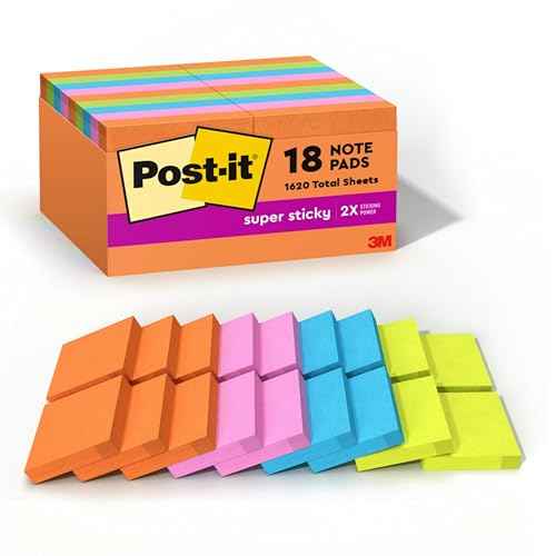 Post-it Super Sticky Notes, 18 Sticky Note Pads, 1 7/8 x 1 7/8 in., School Supplies, Office Products, Sticky Notes for Vertical Surfaces, Monitors, Walls and Windows, Energy Boost Collection