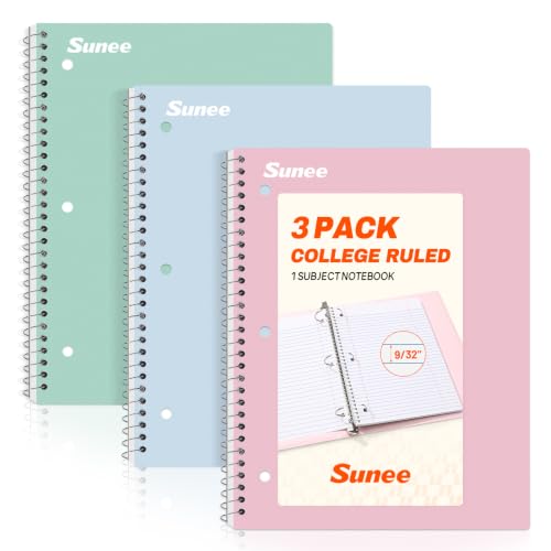 SUNEE Pastel Spiral Notebooks Pack of 3 - 8x10.5 College Ruled, Durable Coil, Tear-Out Pages, 70 Sheets Each for School
