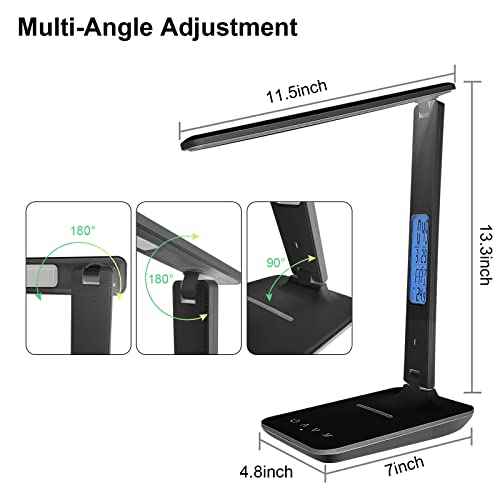 Desk Lamp with Wireless Charger£¬USB Charging Port, Dimmable Office Desk Light with Clock, Alarm, Date, Temperature, Foldable Lamp for Table Bedroom Bedside Office (Black, Standard Size-13.3 inch)