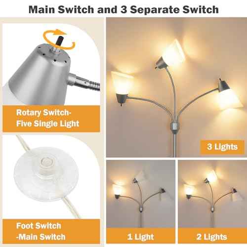 FOLKSMATE LED Floor Lamp, Medusa 3 Head Modern Adjustable Gooseneck Tall Standing Light for Living/Kids Room, Bedroom, Silver Grey